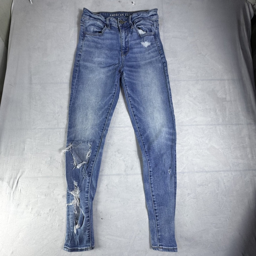 American Eagle Womens Skinny Jeans Blue Distressed Denim Super Stretch 6 Regular